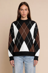 Womens Black  Crew Neck Argyle Sweater | CicyBell