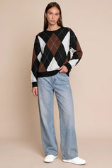 Womens Black  Crew Neck Argyle Sweater | CicyBell