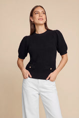 Womens Black Puff Short Sleeve Sweaters Tops | CicyBell