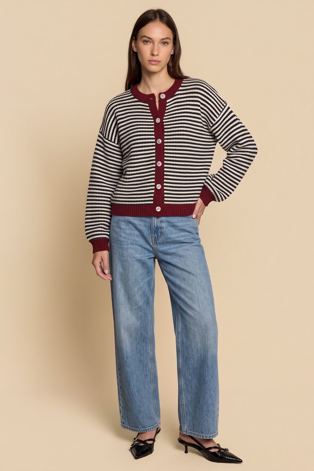 Womens Black Striped Cardigan Sweaters | CicyBell