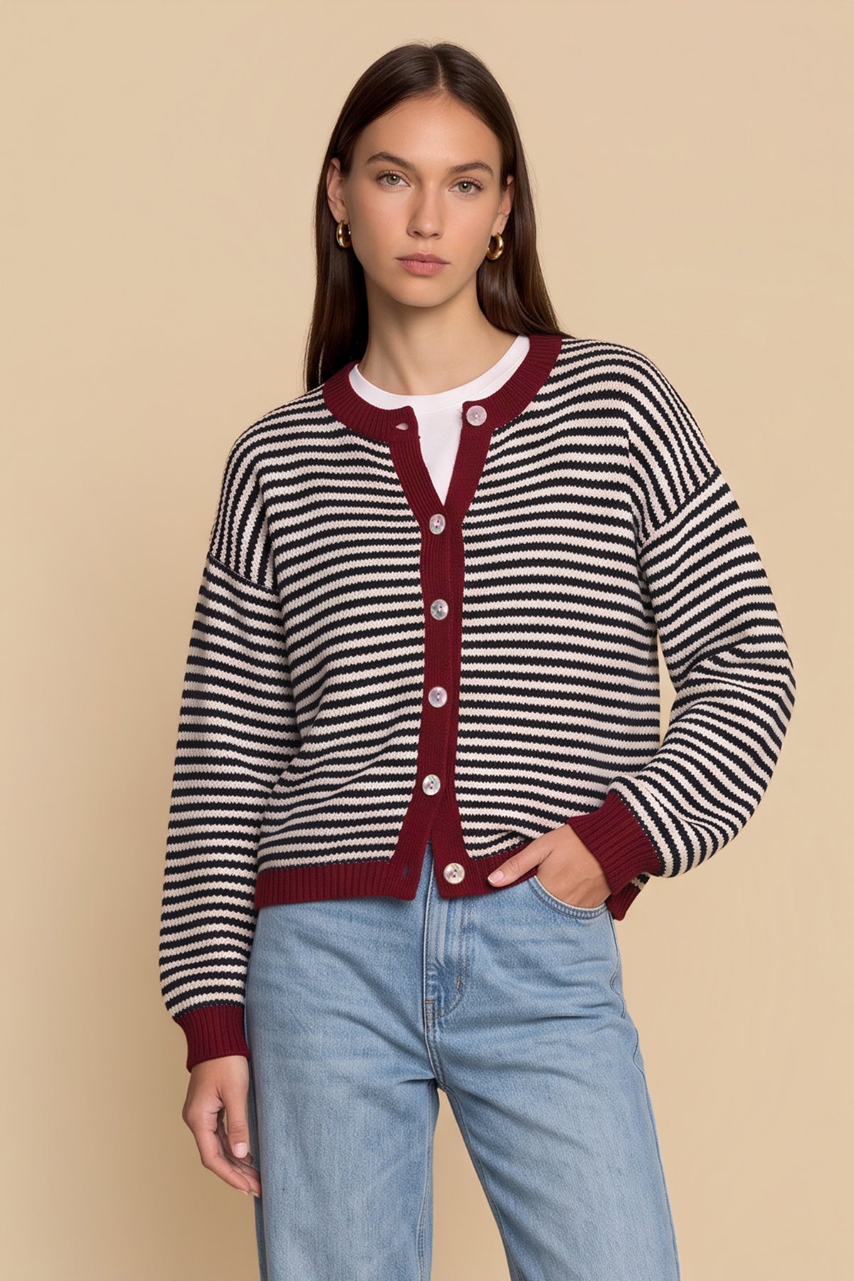 Womens Black Striped Cardigan Sweaters | CicyBell