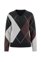Womens Black V Neck Argyle Sweaters | CicyBell