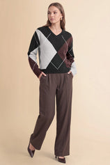 Womens Black V Neck Argyle Sweaters | CicyBell