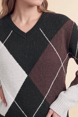 Womens Black V Neck Argyle Sweaters | CicyBell