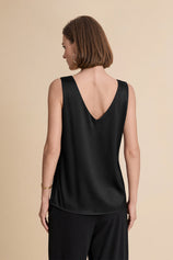 Womens Black V Neck Satin Tank Tops  | CicyBell