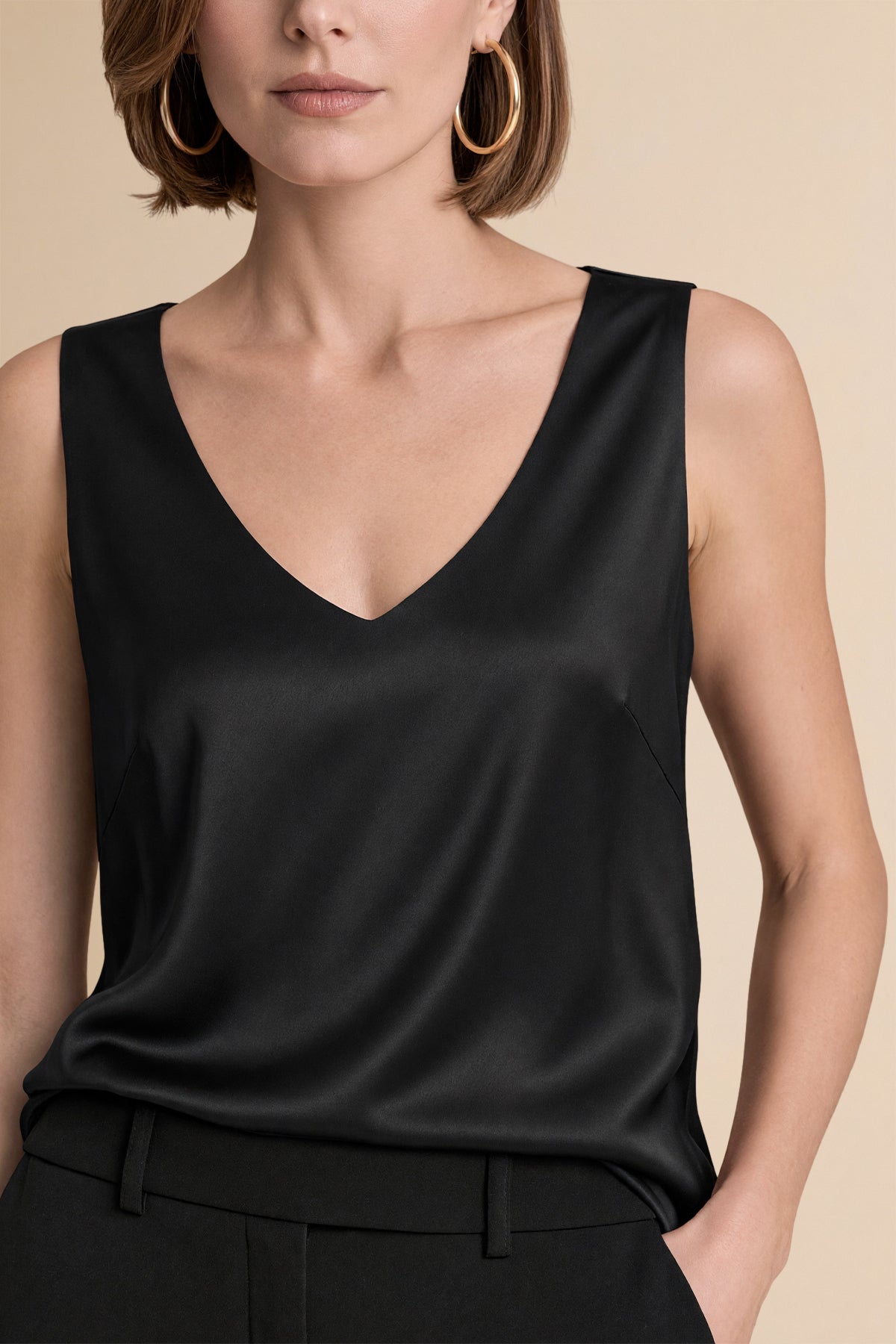 Womens Black V Neck Satin Tank Tops  | CicyBell