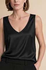 Womens Black V Neck Satin Tank Tops  | CicyBell