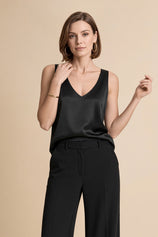 Womens Black V Neck Satin Tank Tops  | CicyBell