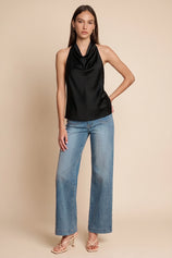 Women Black Summer Satin Halter Tank Tops | CicyBell