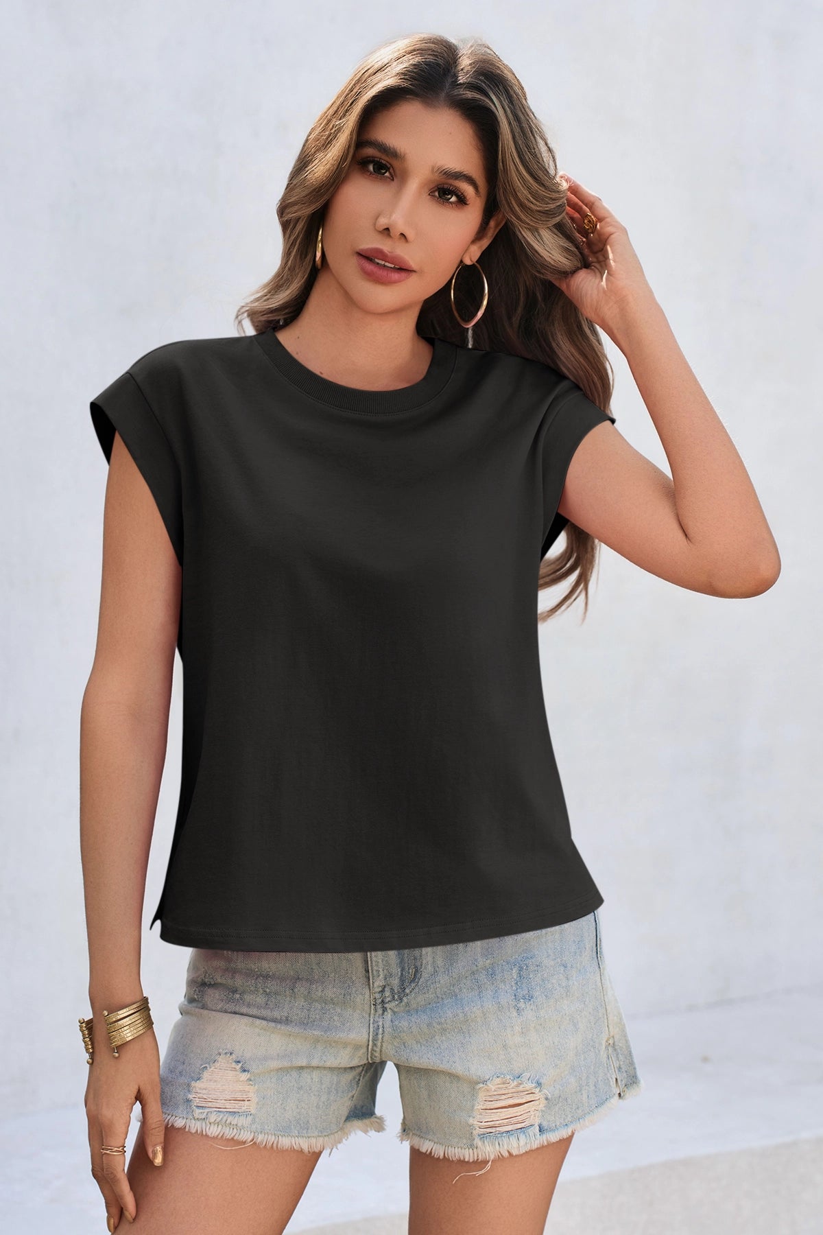 Cicy Bell Womens Black Cap Sleeve Shirts