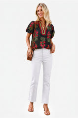 Womens Black Floral Short Puff Sleeve Tops  | CicyBell
