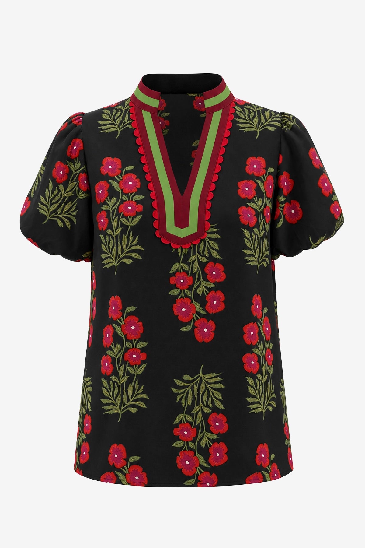 Womens Black Floral Short Puff Sleeve Tops  | CicyBell