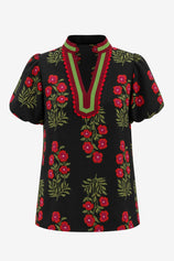 Womens Black Floral Short Puff Sleeve Tops  | CicyBell