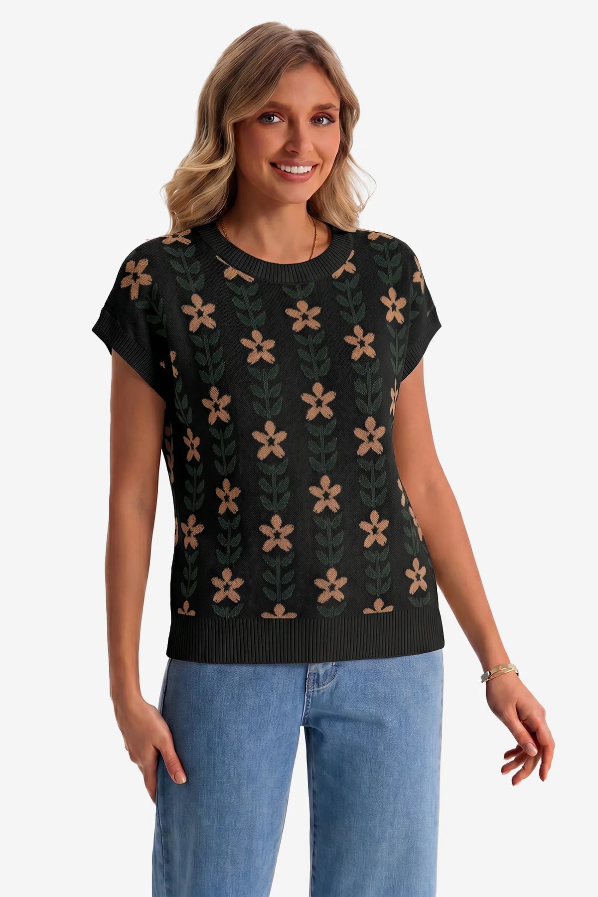 Womens Black Flowers Cap Sleeve Sweater Tops | CicyBell