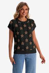 Womens Black Flowers Cap Sleeve Sweater Tops | CicyBell