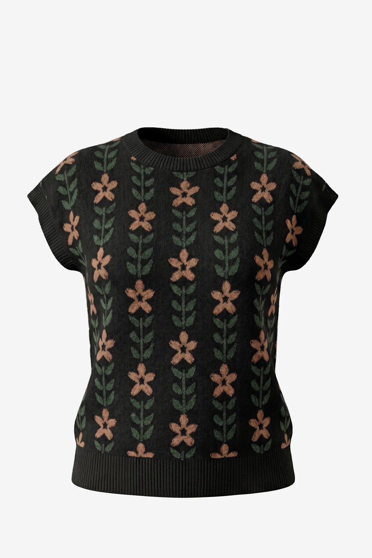 Womens Black Flowers Cap Sleeve Sweater Tops | CicyBell