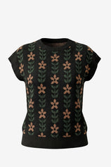 Womens Black Flowers Cap Sleeve Sweater Tops | CicyBell