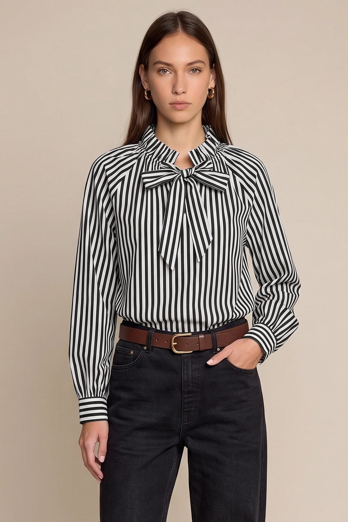 Womens Black Striped Bow Tie Shirts | CicyBell