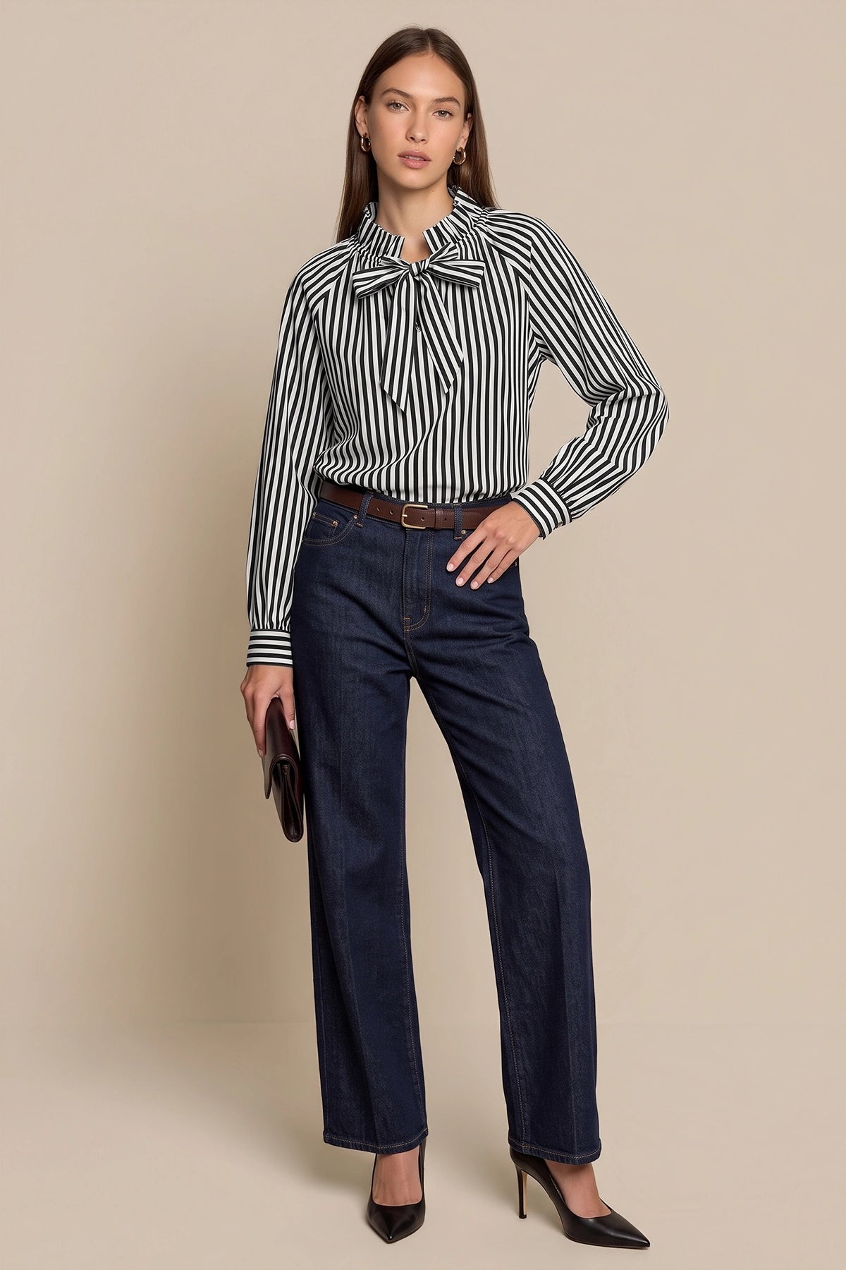 Womens Black Striped Bow Tie Shirts | CicyBell