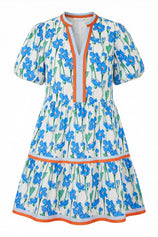Womens Blue V Neck Floral Mini Dress | CicyBell