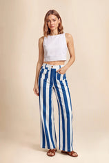 Womens Blue Striped Wide Leg Jeans | CicyBell