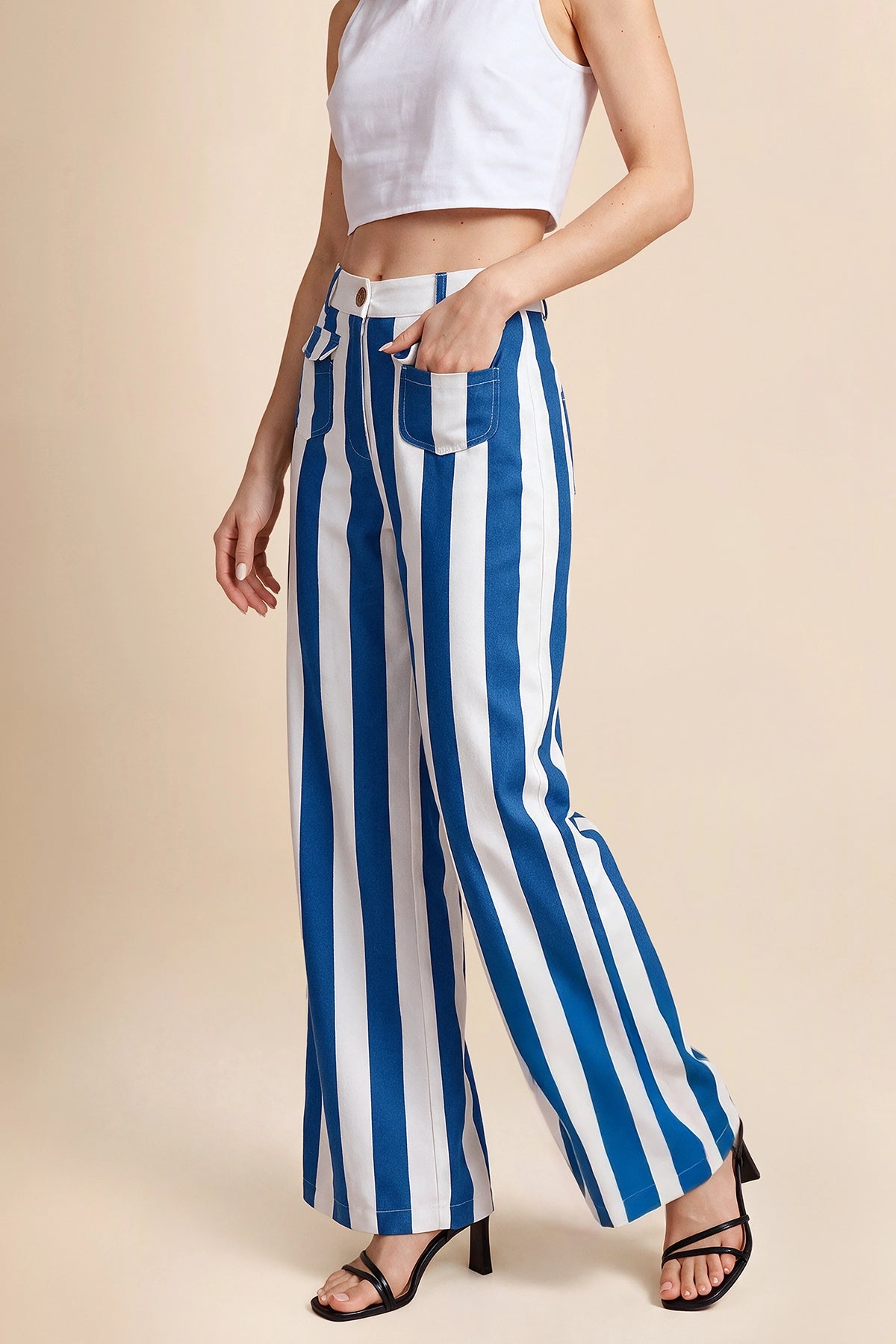 Womens Blue Striped Wide Leg Jeans | CicyBell