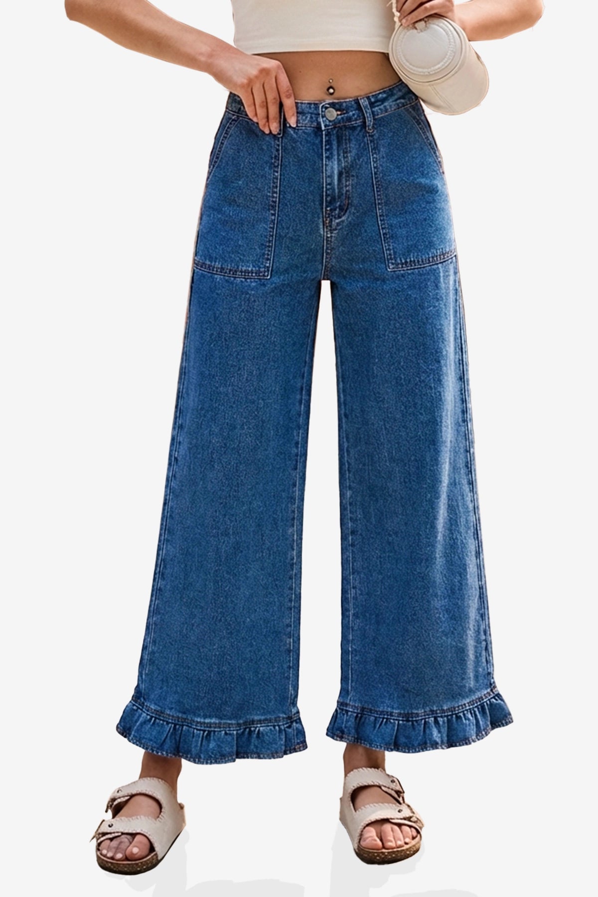 Womens Blue Ruffle Wide Leg Jeans | CicyBell