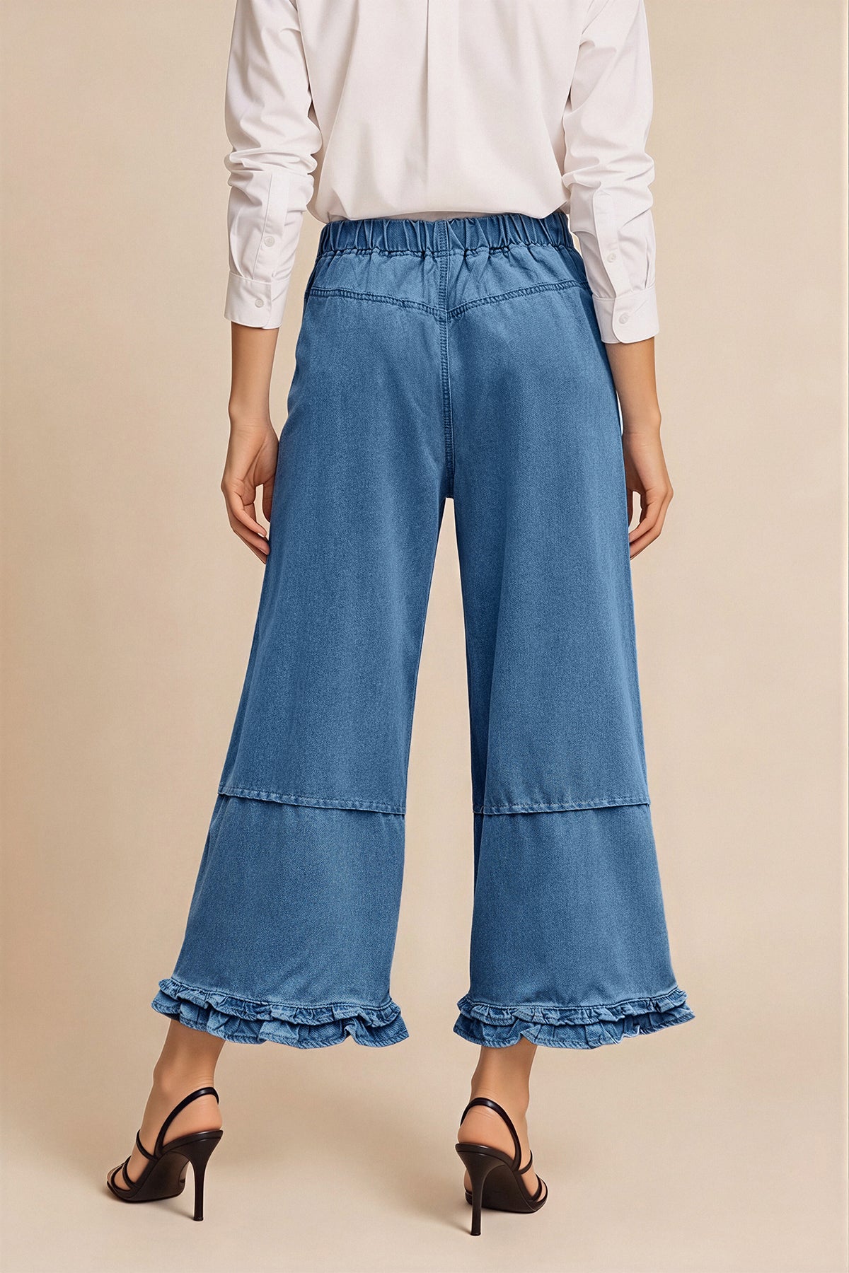Womens Blue Ruffle Wide Leg Jeans | CicyBell