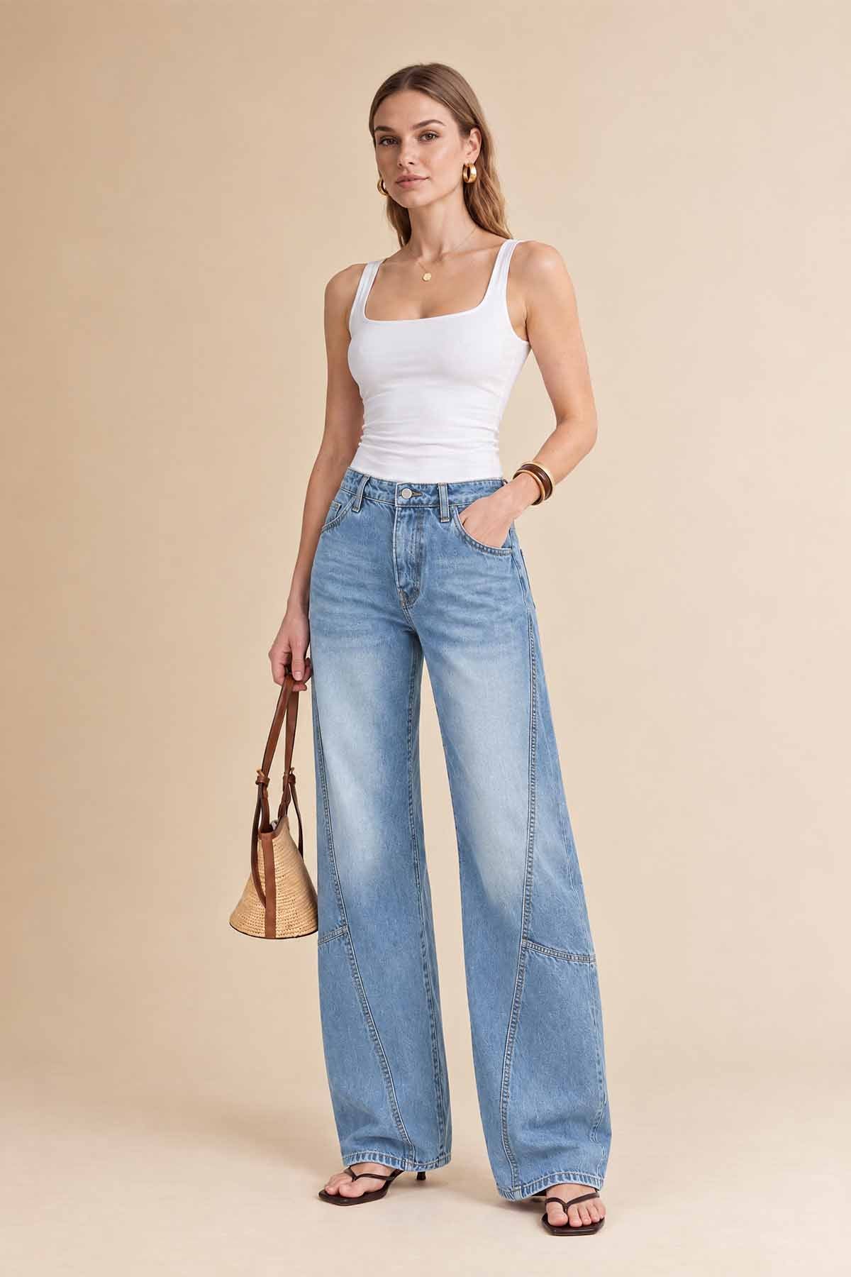 Womens Blue Baggy Wide Leg Jeans | CicyBell