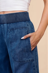 Cicy Bell Womens Blue Smocked Barrel Jeans