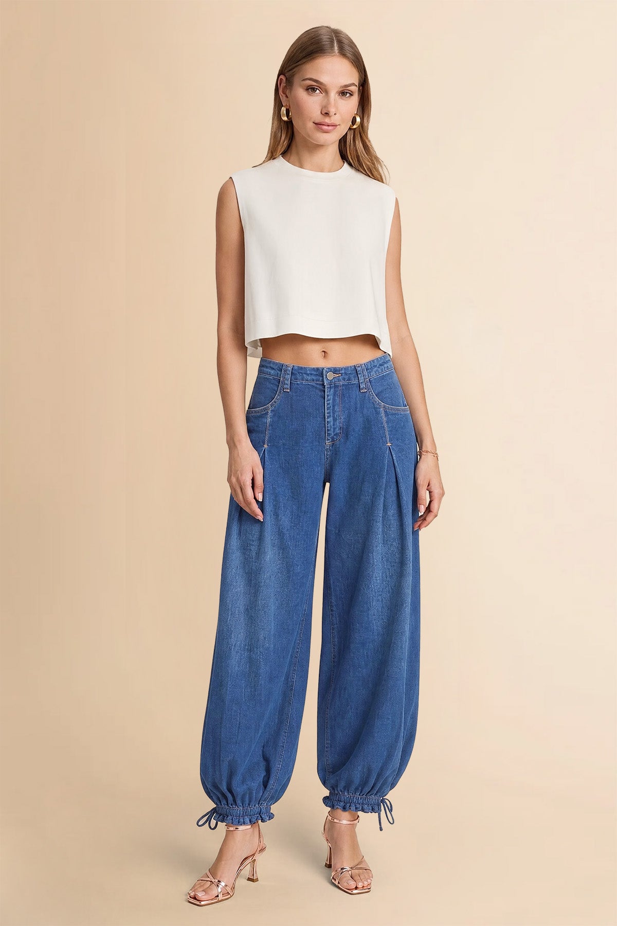 Womens Blue Barrel Balloon Pleated Jeans | CicyBell