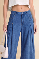 Womens Blue Barrel Balloon Pleated Jeans | CicyBell