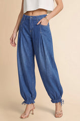 Womens Blue Barrel Balloon Pleated Jeans | CicyBell