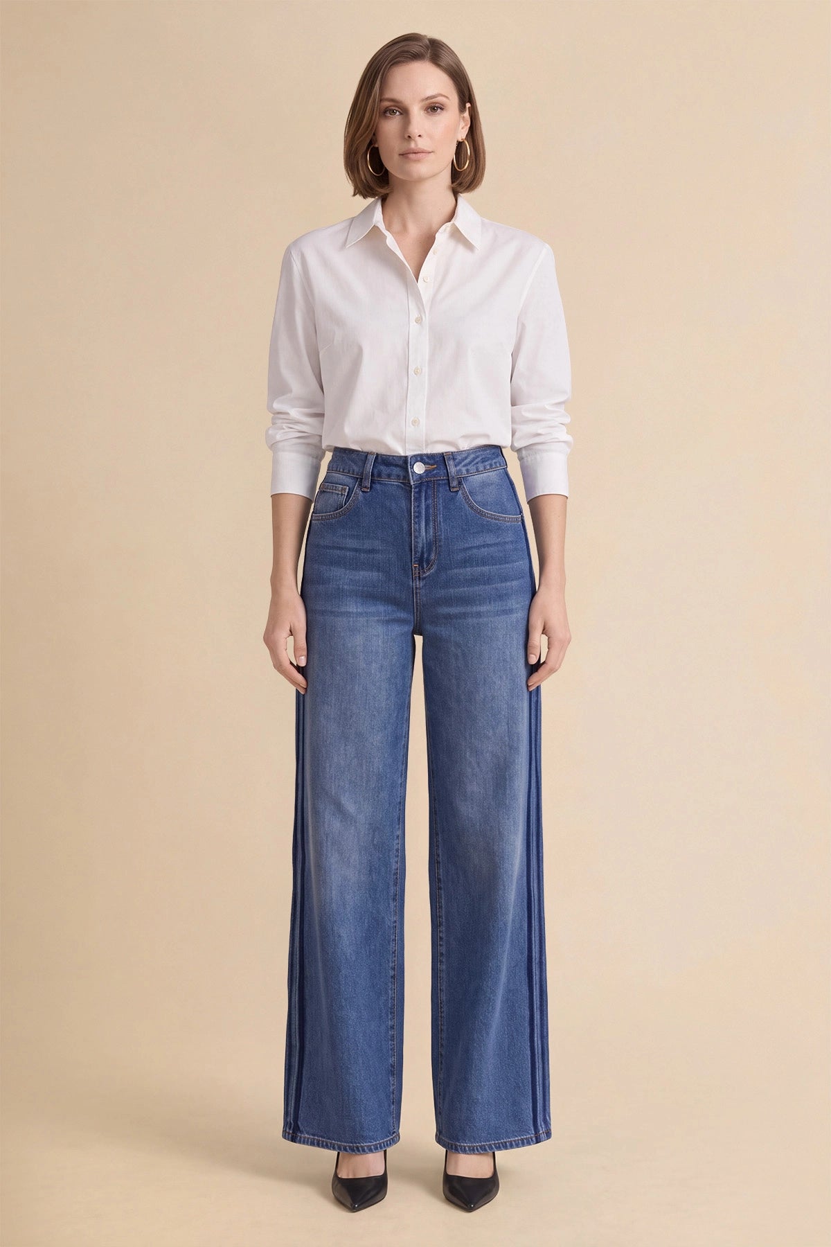 Womens Blue Wide Leg Striped High Waisted Jeans | Cicy Bell