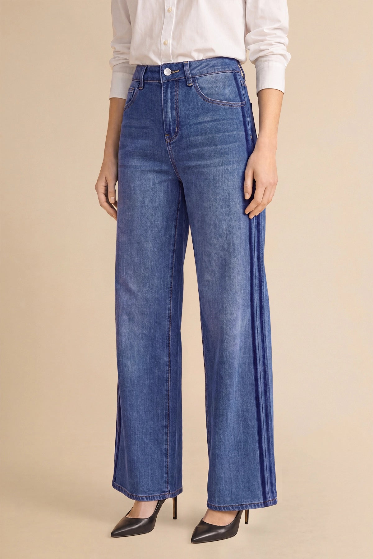 Womens Blue Wide Leg Striped High Waisted Jeans | Cicy Bell