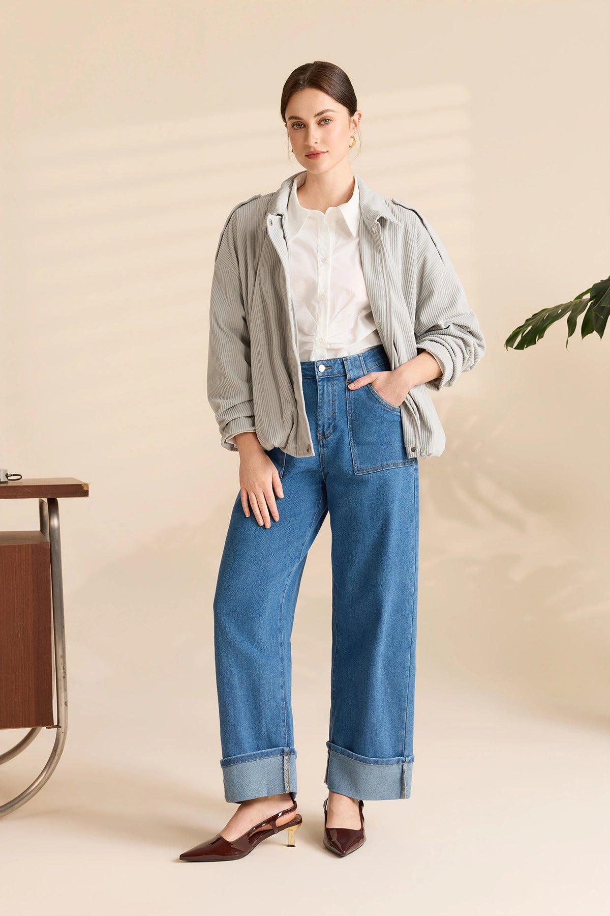 Womens Blue Barrel Cuffed High Waisted Wide Leg Jeans | Cicy Bell