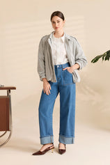 Womens Blue Barrel Cuffed High Waisted Wide Leg Jeans | Cicy Bell