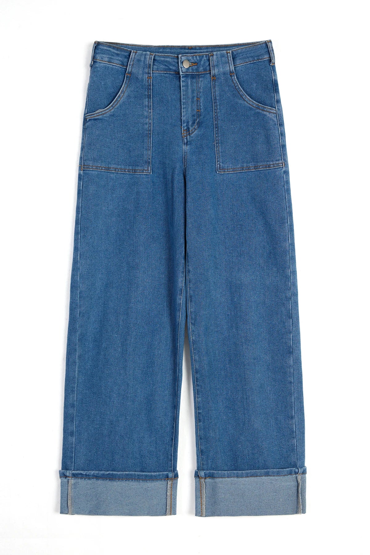 Womens Blue Barrel Cuffed High Waisted Wide Leg Jeans | Cicy Bell