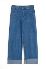 Womens Blue Barrel Cuffed High Waisted Wide Leg Jeans | Cicy Bell