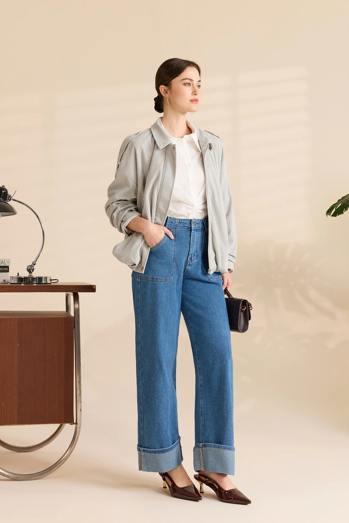 Womens Blue Barrel Cuffed High Waisted Wide Leg Jeans | Cicy Bell
