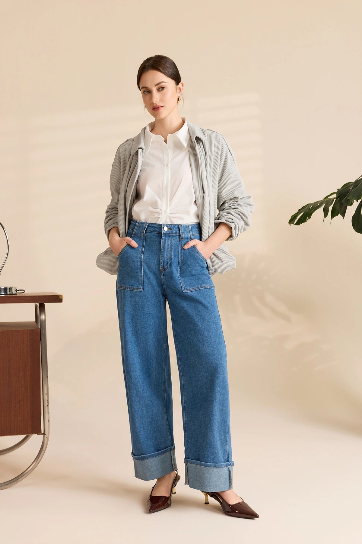 Womens Blue Barrel Cuffed High Waisted Wide Leg Jeans | Cicy Bell