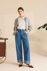 Womens Blue Barrel Cuffed High Waisted Wide Leg Jeans | Cicy Bell