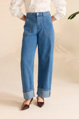 Womens Blue Barrel Cuffed High Waisted Wide Leg Jeans | Cicy Bell