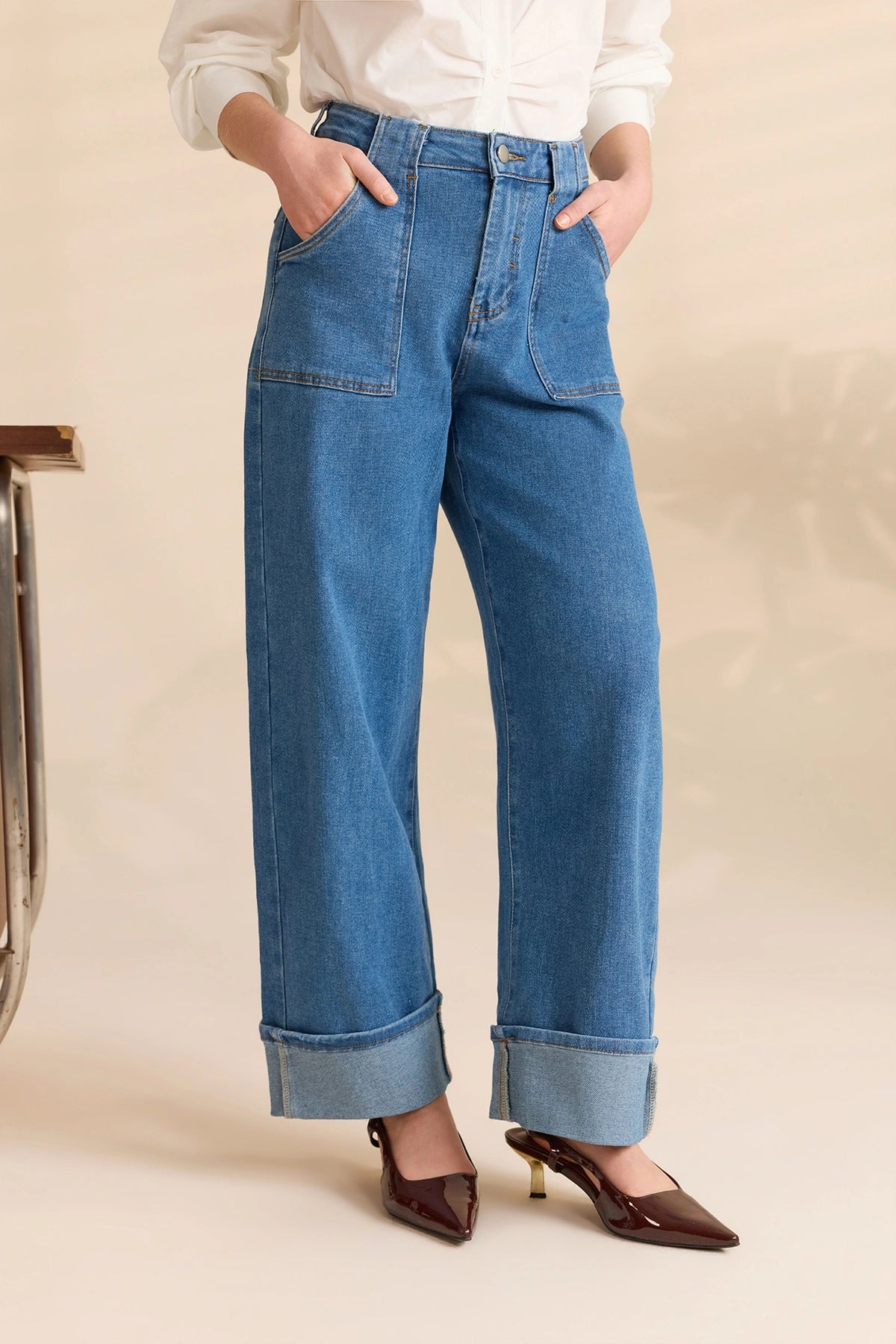 Womens Blue Barrel Cuffed High Waisted Wide Leg Jeans | Cicy Bell