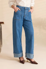 Womens Blue Barrel Cuffed High Waisted Wide Leg Jeans | Cicy Bell