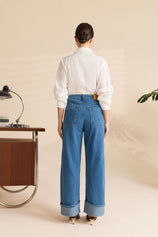 Womens Blue Barrel Cuffed High Waisted Wide Leg Jeans | Cicy Bell