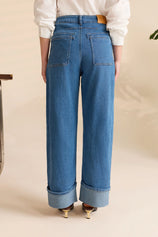 Womens Blue Barrel Cuffed High Waisted Wide Leg Jeans | Cicy Bell