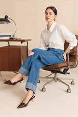 Womens Blue Barrel Cuffed High Waisted Wide Leg Jeans | Cicy Bell
