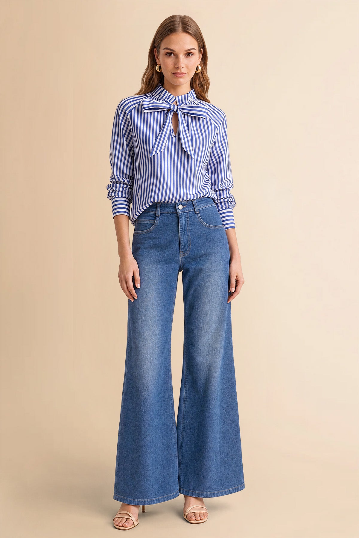 Womens Blue High Waisted Flared Jeans| CicyBell
