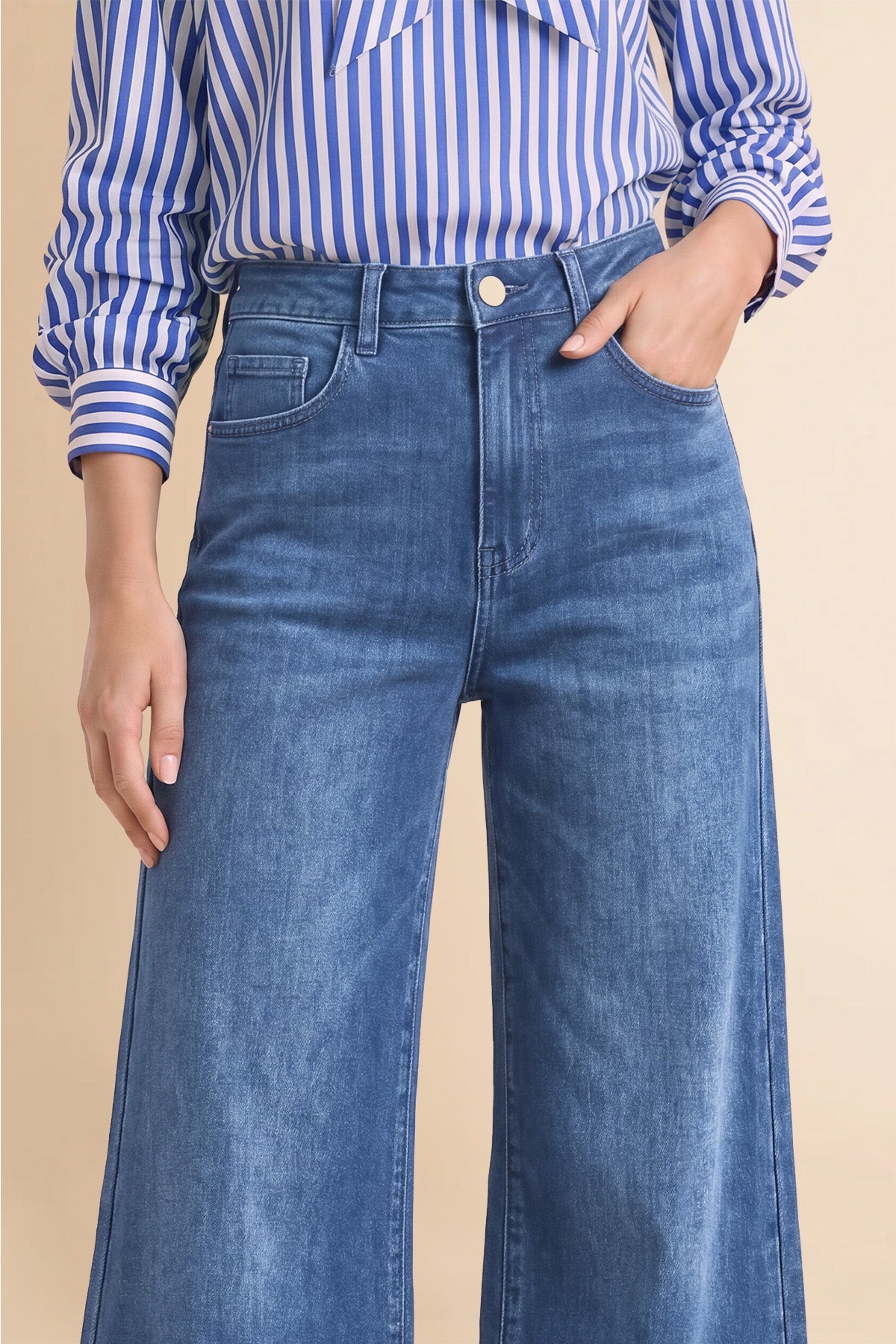 Womens Blue High Waisted Flared Jeans| CicyBell